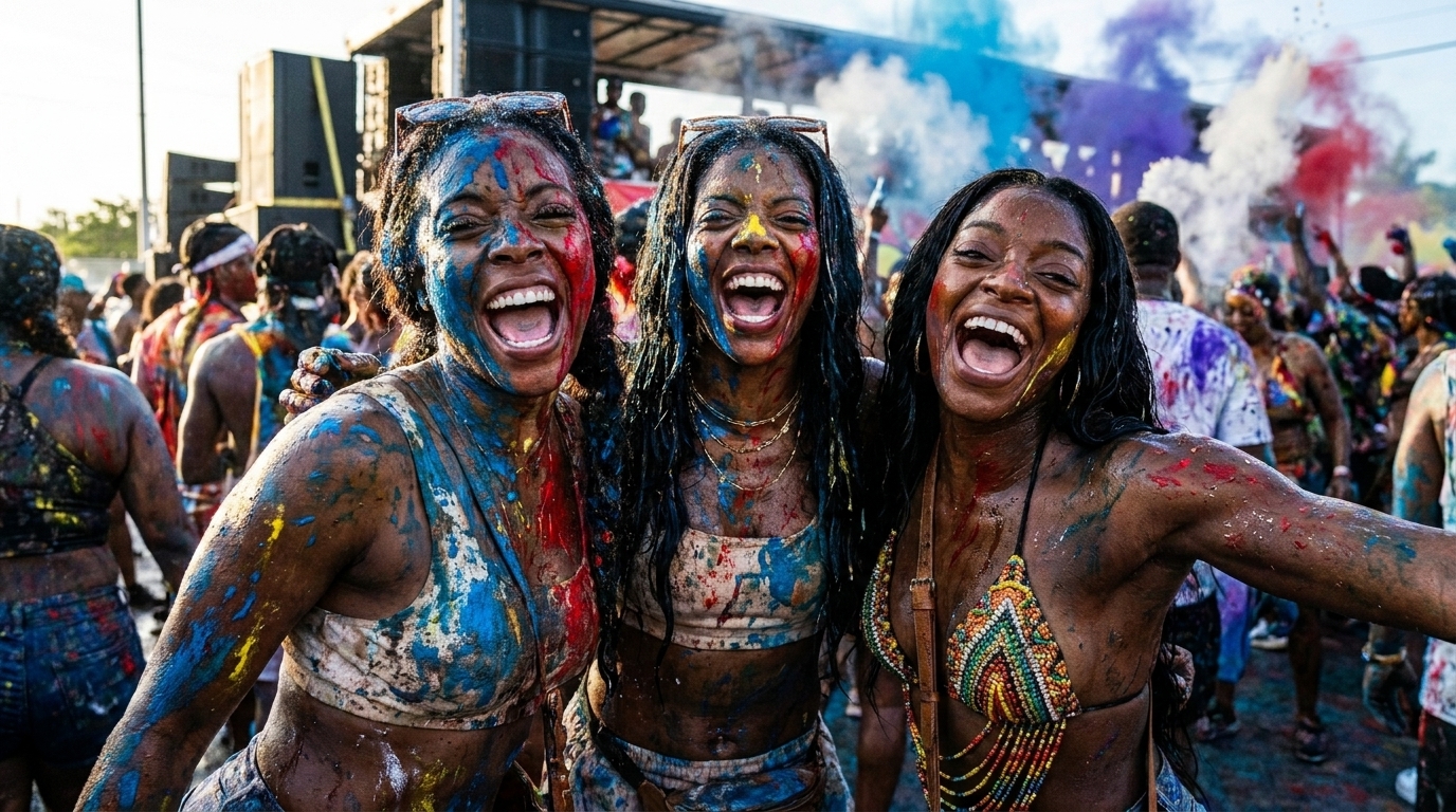 J'ouvert revelers covered in paint and powder at sunrise during Miami Carnival