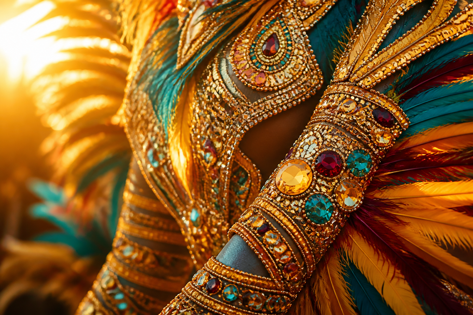 Detailed close-up of a feathered and beaded Miami Carnival costume