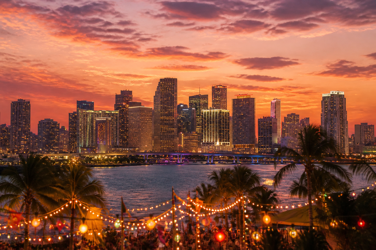 Miami skyline at dusk during Carnival season